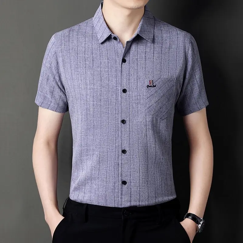 

Men's Short Sleeve Striped Button Down Shirt Business Casual Pocket Decor Breathable Formal Top