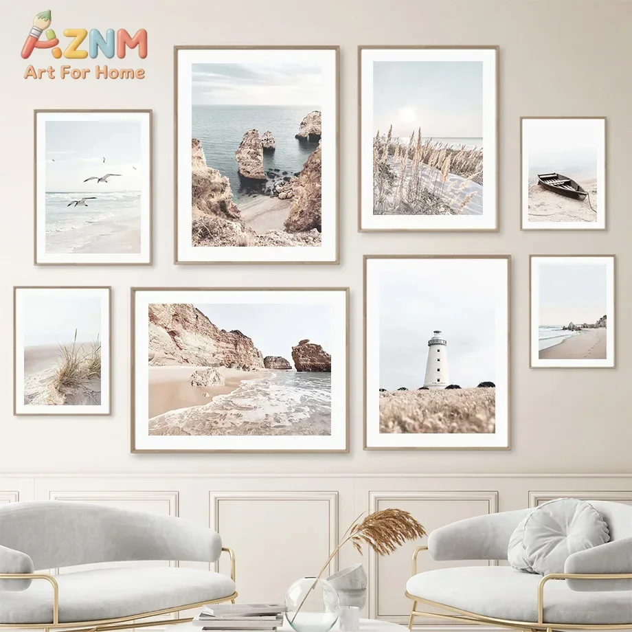 AZNM Neutral Beach Coastal Canvas Wall Art Nature Photo Lighthouse Sea Cliff Seagull Boat Reed Print Poster Soft Tone Ocean Scen