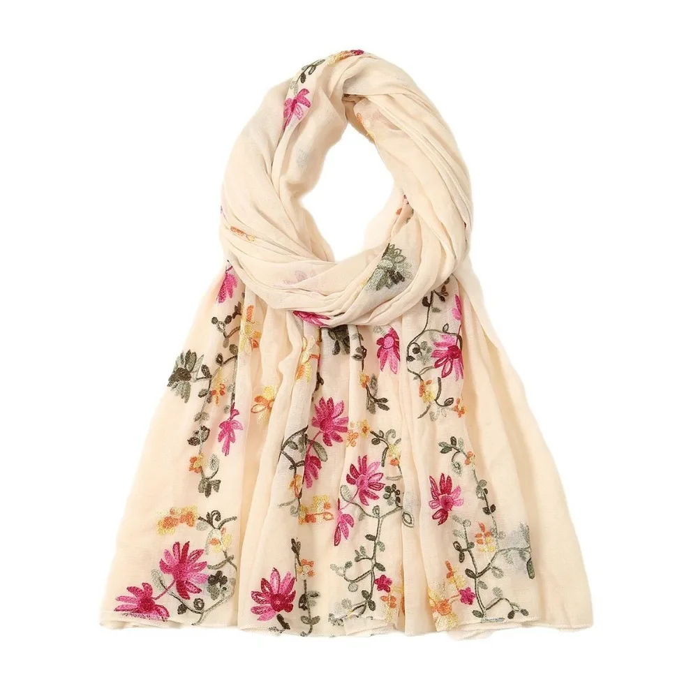 

Fashion Floral Embroidery Scarf Thin Elegant Turban Bandana Stoles Spring Summer