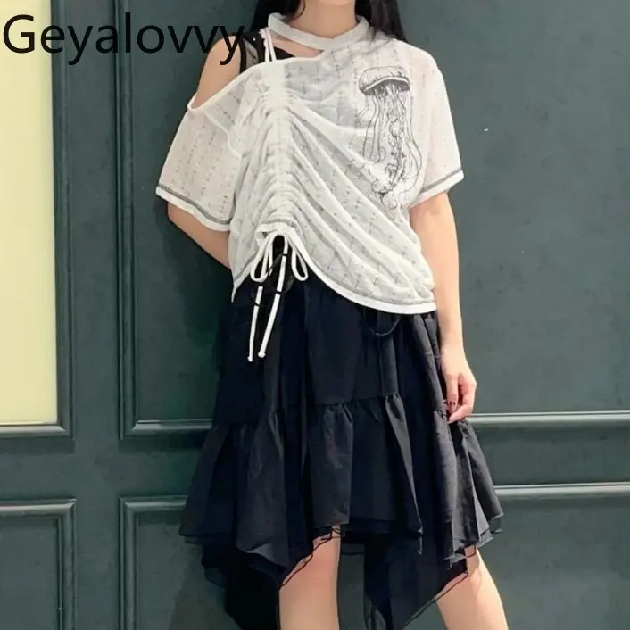 

Футболка с короткими рукавами и нерегулярными бретелями в японском стиле, полупрозрачная, с принтом, новая летняя, милая и повседневная, универсальная, топ