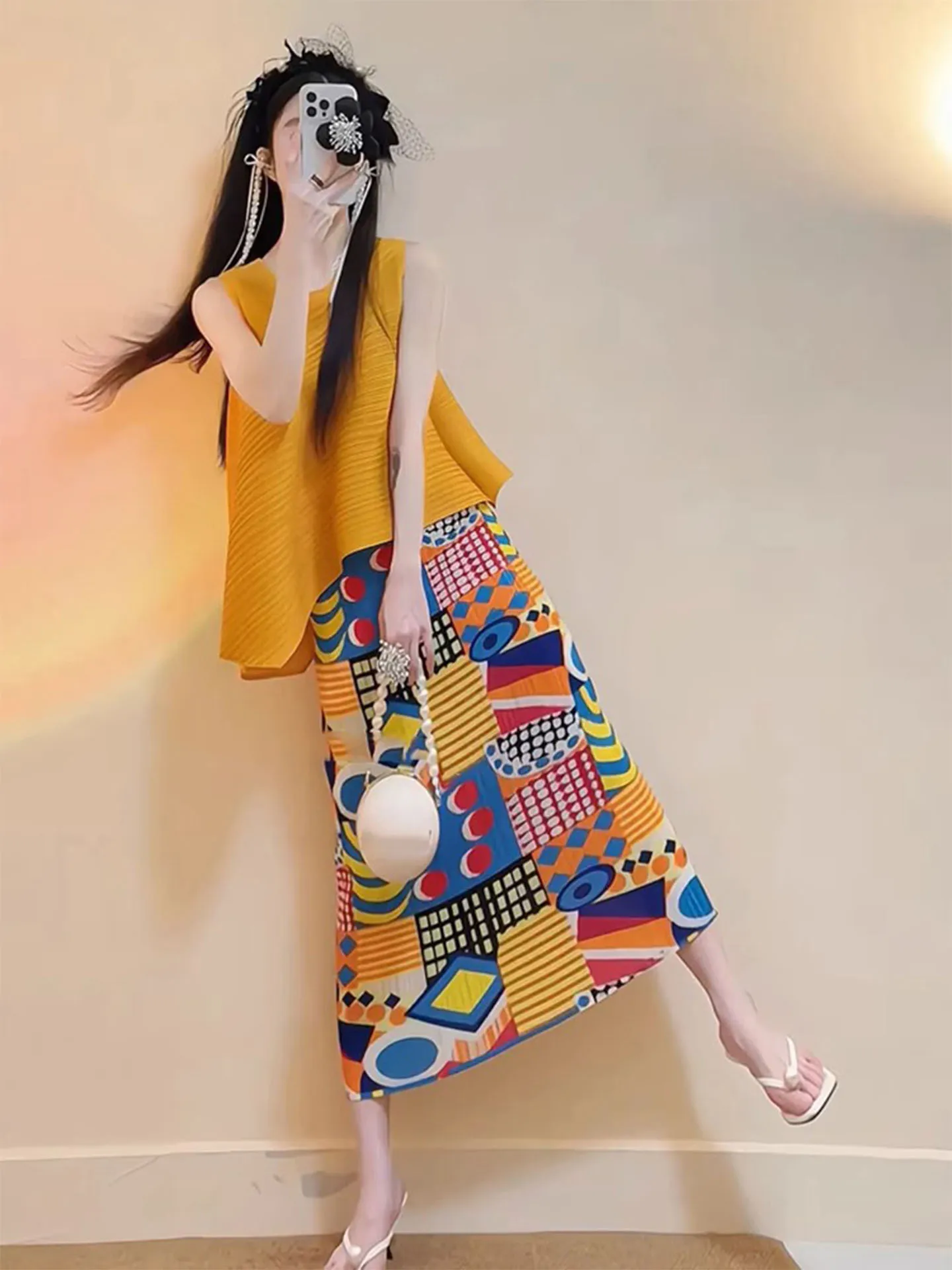 

Комплект для похудения: оранжевый топ без рукавов и юбка с трехзонным принтом, плиссированная, средней длины, летний модный ансамбль для женщин