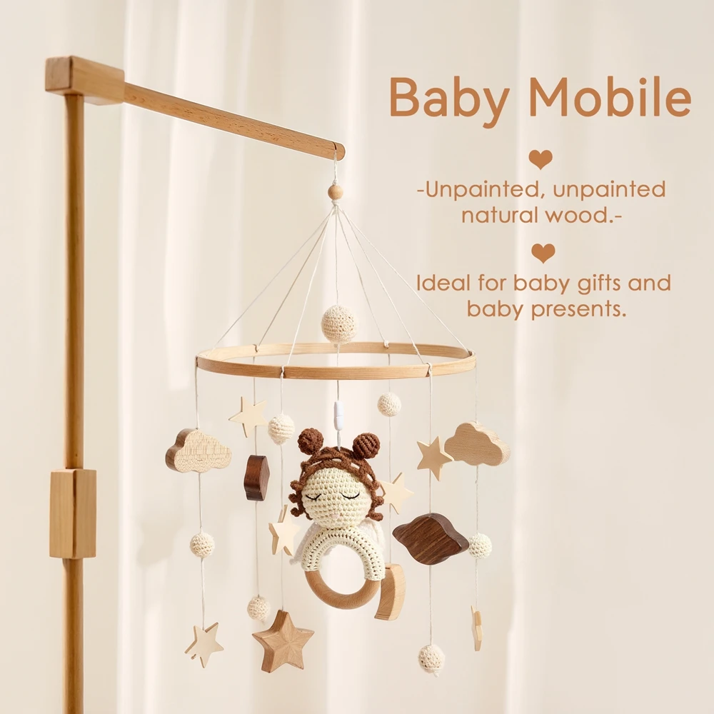 Wooden Crib Mobile Baby Bed Bell Rattle Toy Crochet Cartoon Angel Mobile Hanging Newborn Music Box Bed Bell Hanging Bracket Toy