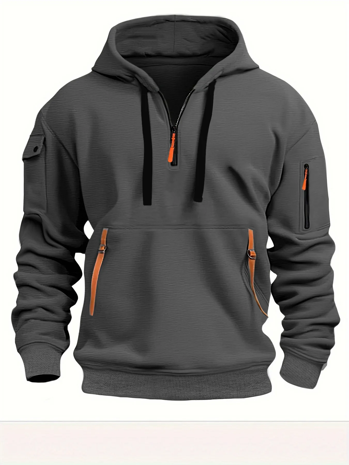 Casual hooded half zip hoodie features ribbon and multi pocket top