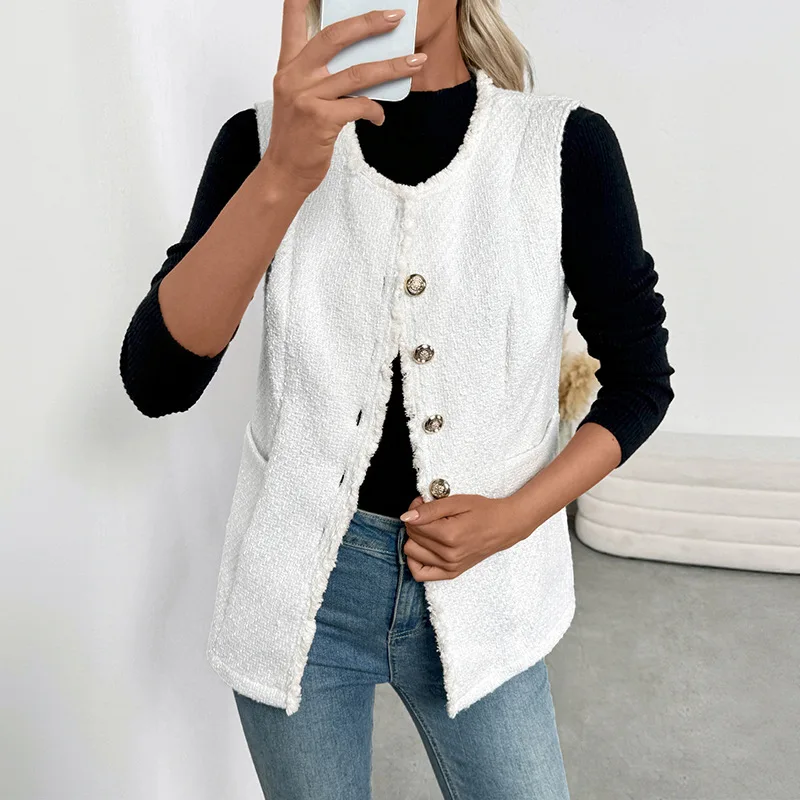 

European American New Fashion Women's O-neck Sleeveless Single-breasted Elegant Casual Trendy Vests Female Clothes Coats Tops