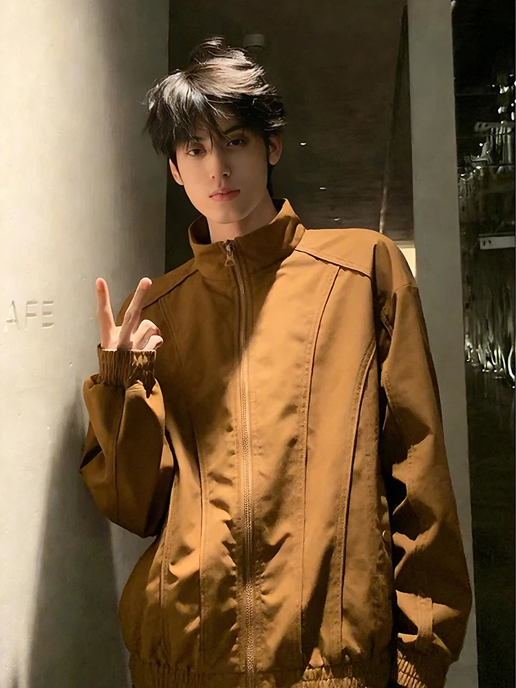 American Sle Bla Jaet Men's Spring Deconstructed Slant Cut Stand Collar Outerwear Cleanfit Workwear Waterproof Coat