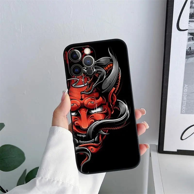 Etui na telefon iPhone 11 15 16 Pro Max Samurai Hannya Mask Ghost Tattoo Coque For Apple 13 Pro 14 Plus 12 Mini XS 7 8 Soft Cover