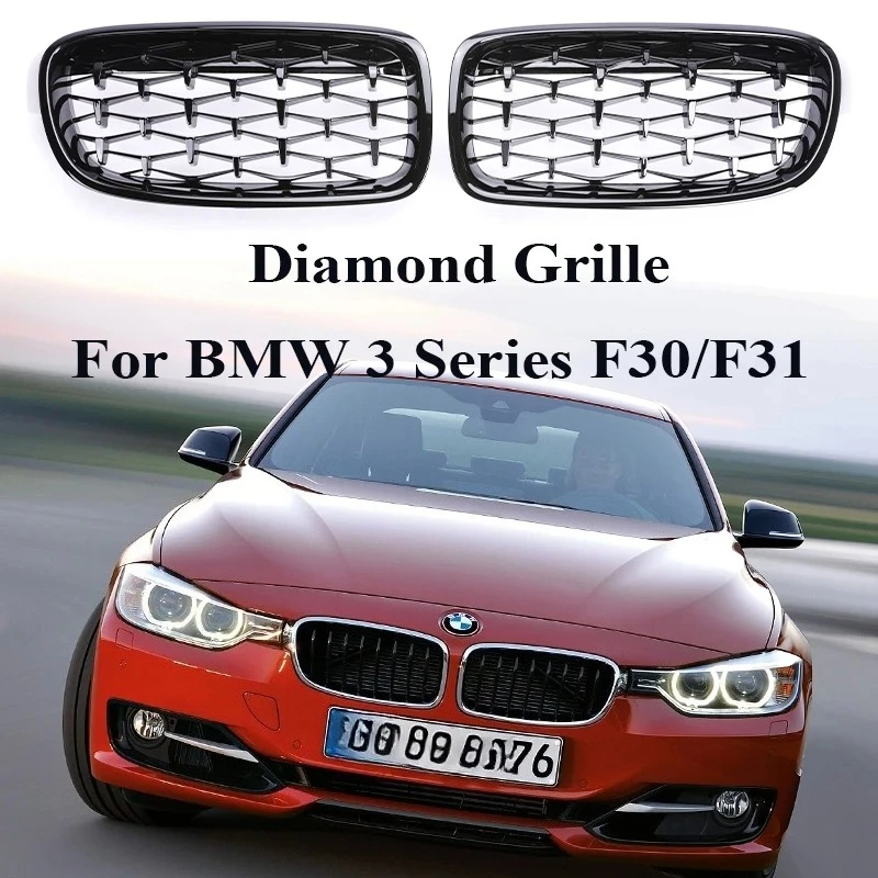 Grelha Frontal Esportiva Cromada com Detalhes Prateados e Estilo Diamante para BMW Série 3 F30 F31 2012-2019 320i 328i 330i 340i