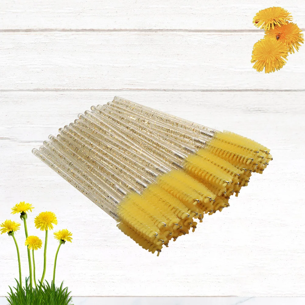 100 قطعة من فرشاة الرموش للاستعمال مرة واحدة، أداة توزيع قضيب كريستالي للفصل والتطبيق، فرشاة الرموش الصفراء