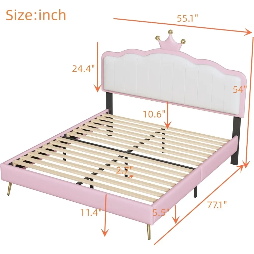 Full Size Princess Bed with Light Strips,Upholstered Platform Bedframe W/Crown Headboard & Footboard,Golden Metal Legs,No Box