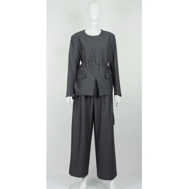 Kwtx 2025 primavera verão feminino cor sólida pantsuit conjunto blazer calças de perna larga zíper frente fenda em torno do pescoço gravata casual elegante