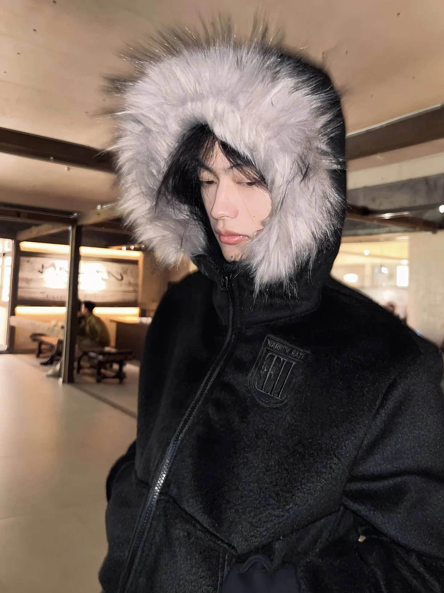 

k American High Street Cotton Jaet Men's Autumn Winter Hooded High Collar Gold Mink Trim Fringed Bot ort Velvet Coat