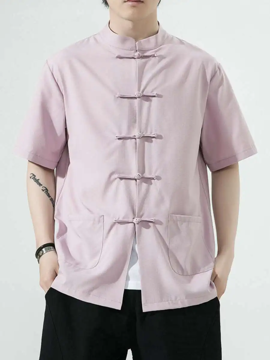 

Новая летняя мужская рубашка с воротником-стойкой из бамбукового волокна, не требующая глажки, с пуговицами, с коротким рукавом, винтажная, в стиле AG Limit Hanfu, этническая одежда, весна 2024