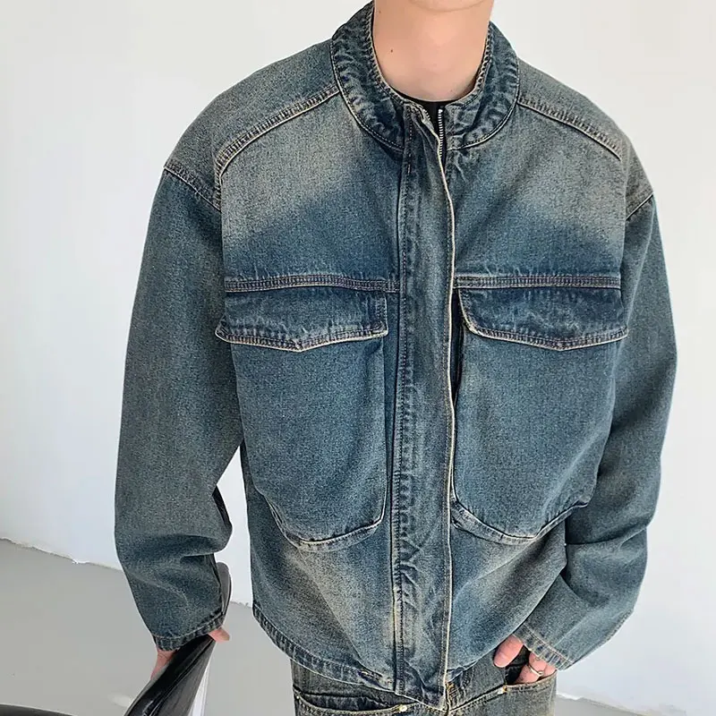 Vestes en jean à col montant tendance pour hommes, style américain ample, décontractées, vintage, dé