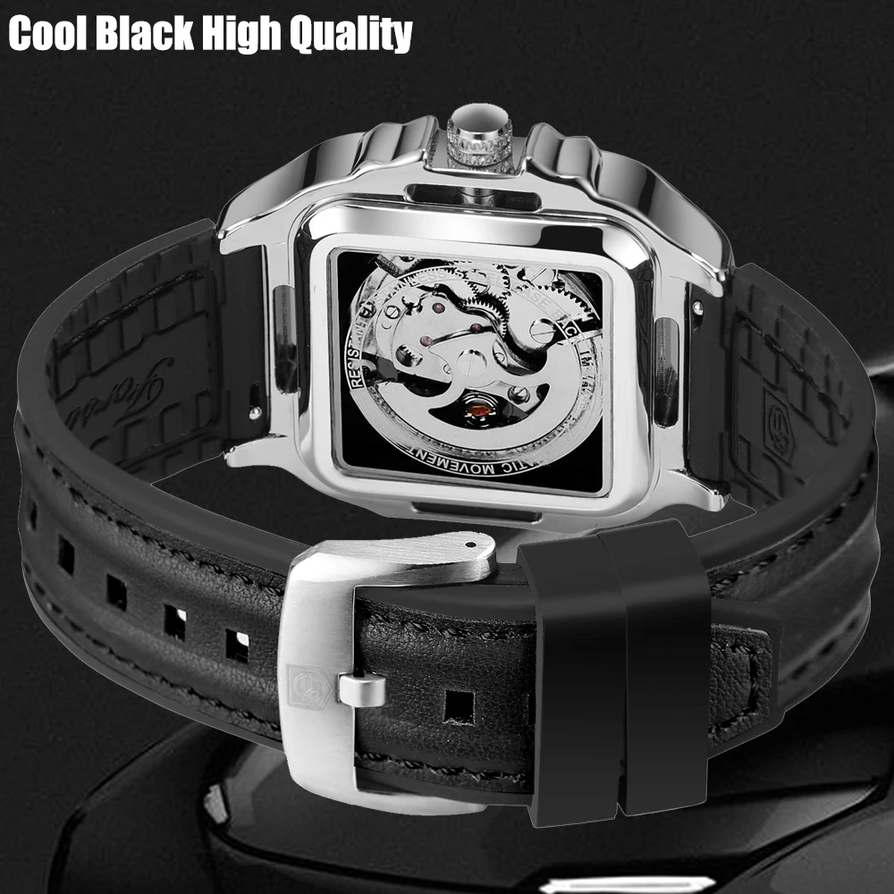 Forsining Hollow Engraving Men\'s Automatic Mechanical Skeleton Watch Cool Sport Silicone Strap Wristwatches Ideal Gifts For Man