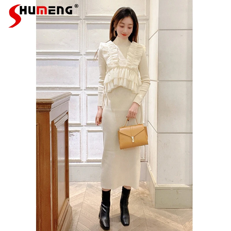 Japanese Style Elegant Women Long Knitted Dress Set 2024 Spring New Sweet Mesh Lace Sling Top Ruffles Slim Knit Dresses Ladies