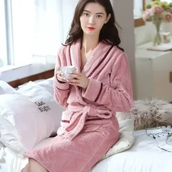 2024 New Winter Warm Flannel Robes Women Solid V-Neck Long Bathrobes Lady Coral Fleece Casual Loose Nightgown Thickened Homewear