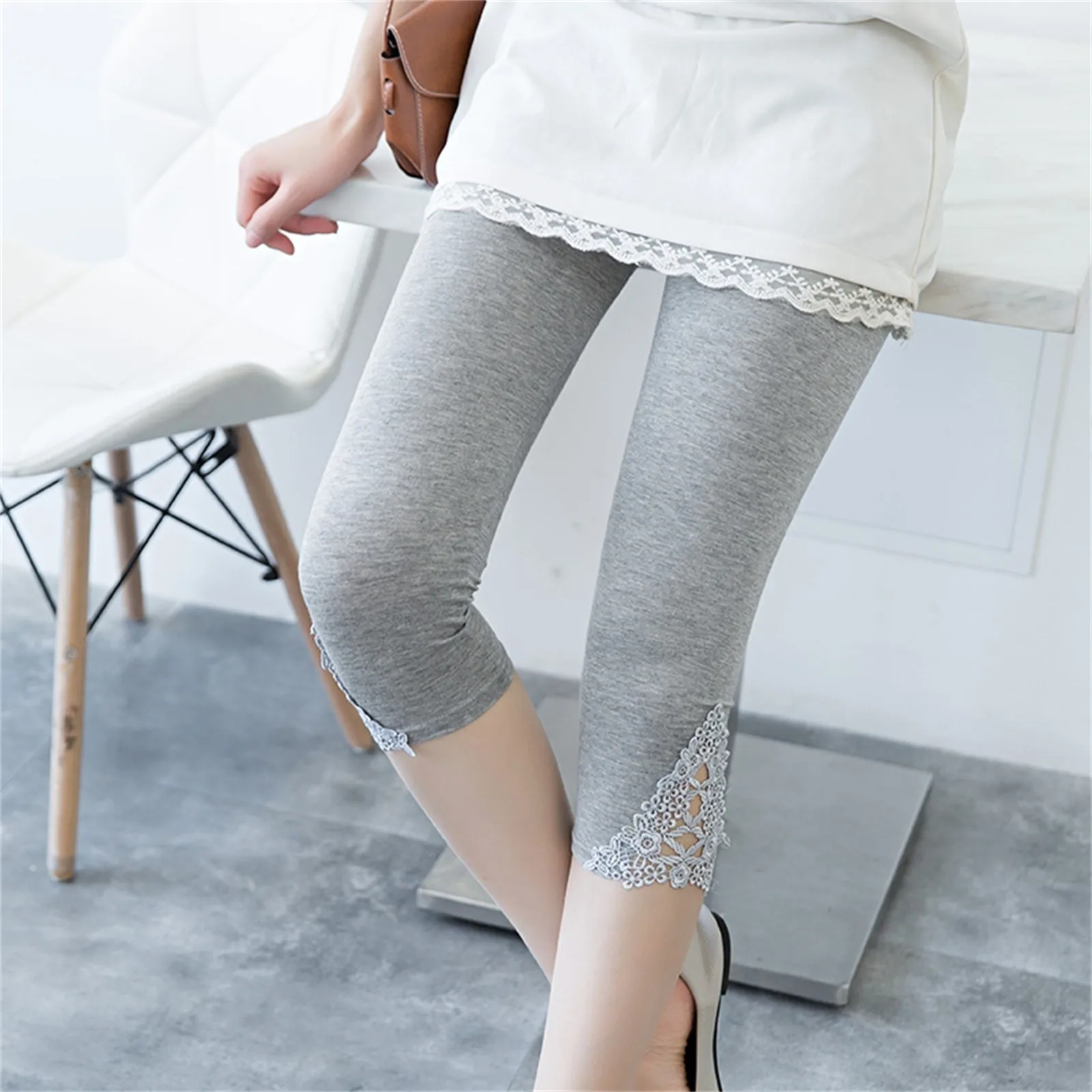 Female Slim Fitting Lace Outer Bottoming Seventh Trousers Casual Comfortable Breathable Black White Gray Summer Versatile Pants