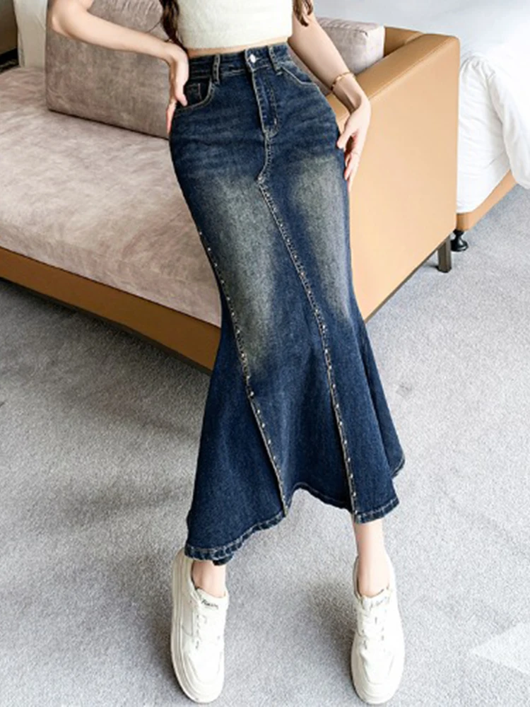 

Spring Autumn Women's Blue Denim A-line Wrapped Hip Fishtail Long Skirt Korean High Waist Slit Jean Skirts Women Y2k Streetwear