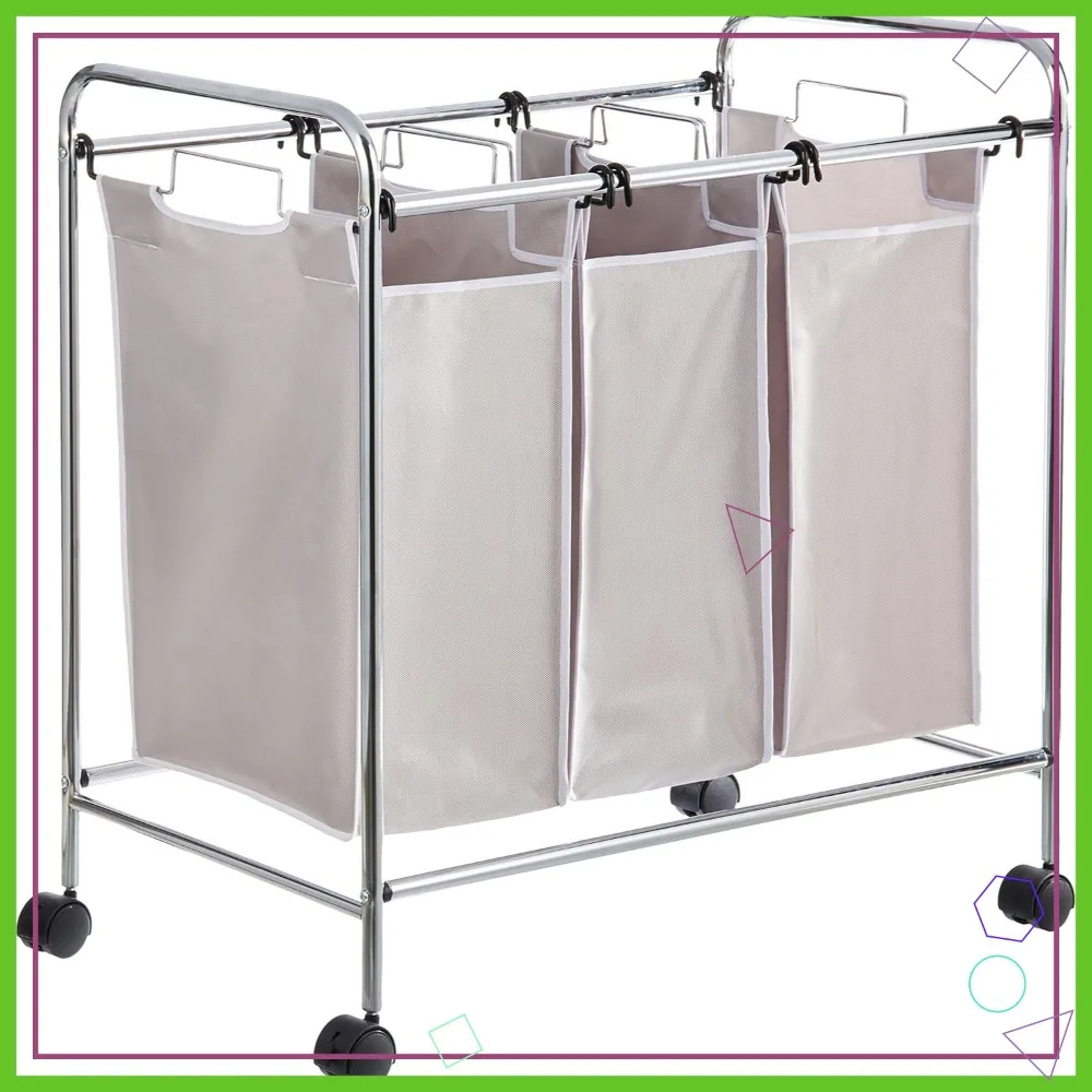 

3-Bag Laundry Sorter Hamper Basket with Removable Bins, Metal Handles & Lockable Casters for Home Organization