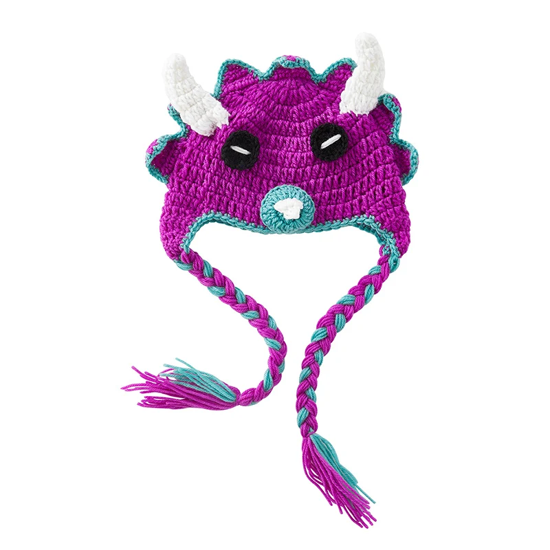 Knit Triceratops Beanie with Braids Funny Dinosaur Crochet Cap Halloween Costume Novelty Winter Hats for Kids Toddlers