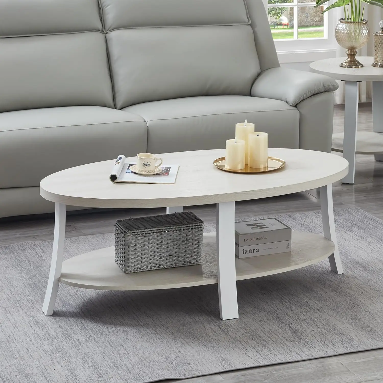 

Roundhill Furniture Anze Contemporary Oval Wood Shelf Coffee Table in White Finish