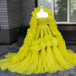 Real Image Puffy Tulle Wedding Gowns With Cape Ruffles Trimmed Tutu Tulle A-line Women Formal Party Dresses Bridal Dresses