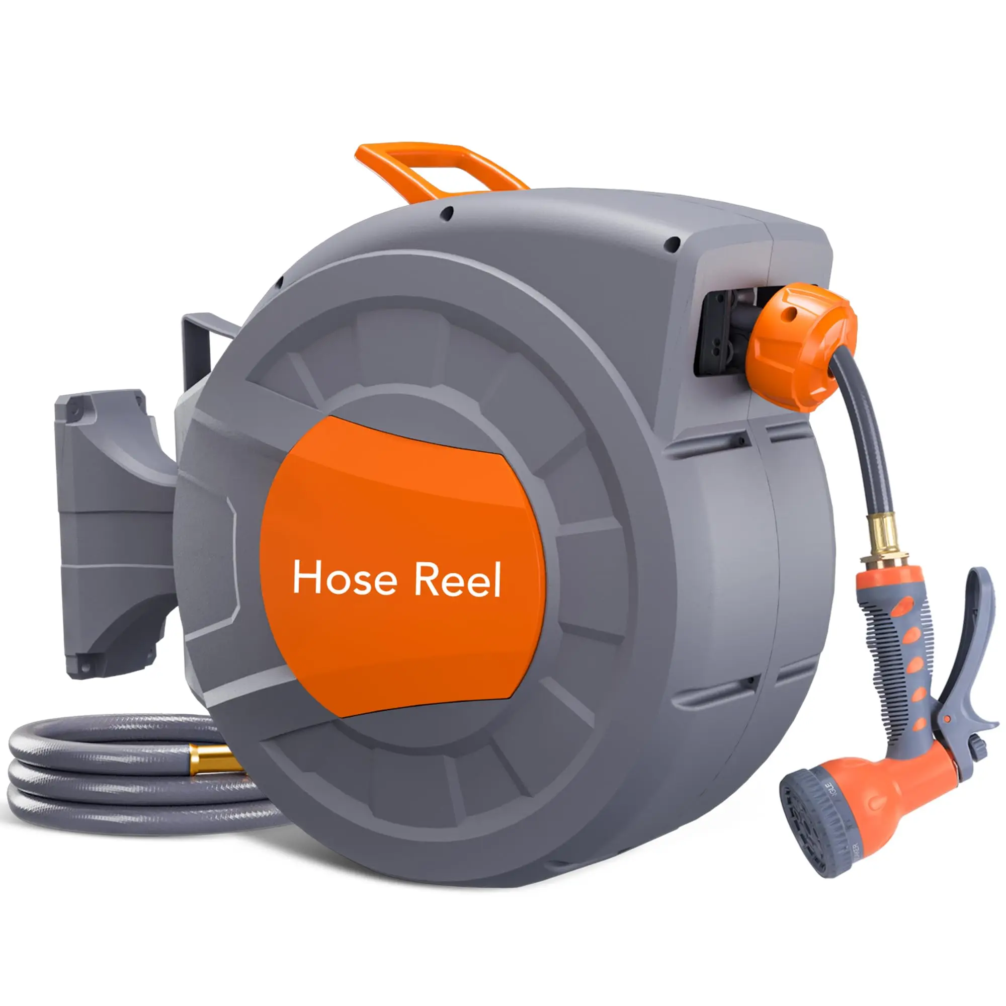 72 ft Retractable Garden Hose Reel Wall Mounted Water Hose Reel | with 9-Function Sprayer Nozzle, Any Length Lock, Slow Return System, 180° Swivel Bracket, 1/2 in x 65 ft + 6 ft