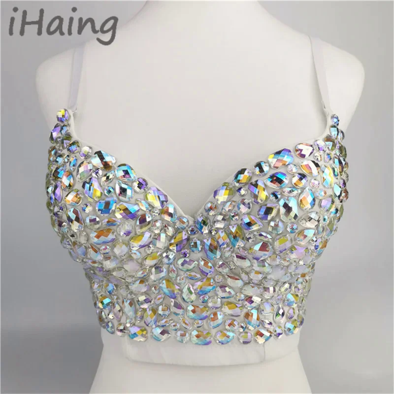 Women Rhinestone Belly Dance Bustier Crop Top Sequins Dancing Spaghetti Strap Push Up Performance Corset Vest Tank Outfits