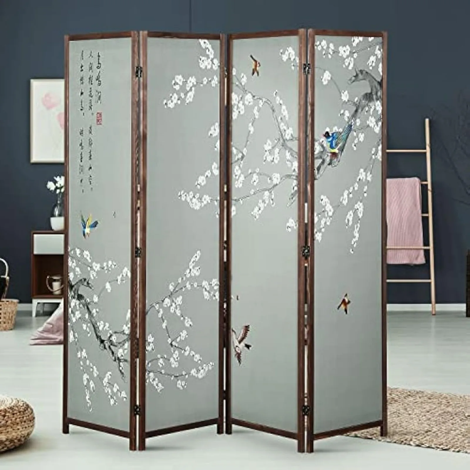 US 4-Panel Asian-Inspired Folding Room Divider with Cherry Blossom Tree & Bird Design Poetry Calligraphy and Brown Wooden Frame