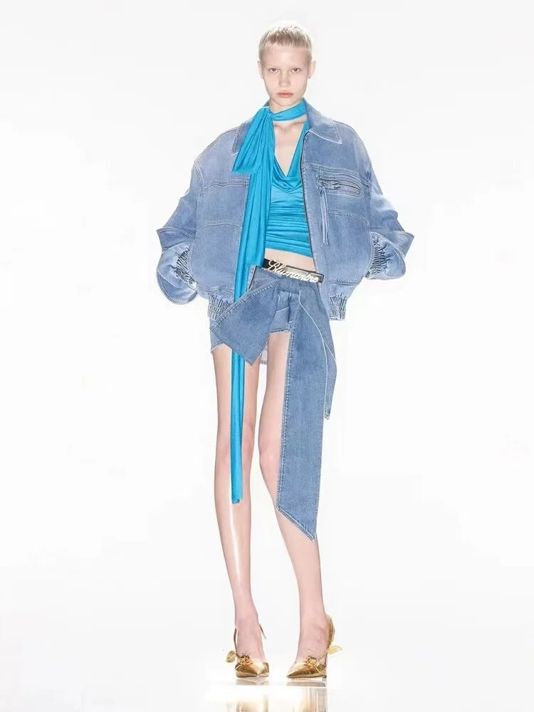 Sweet And Spicy Design Sense Bow Tie 3D  Decoration Jeans Slim Short Skirt Half-length Skirt Wang Liwen Street Style