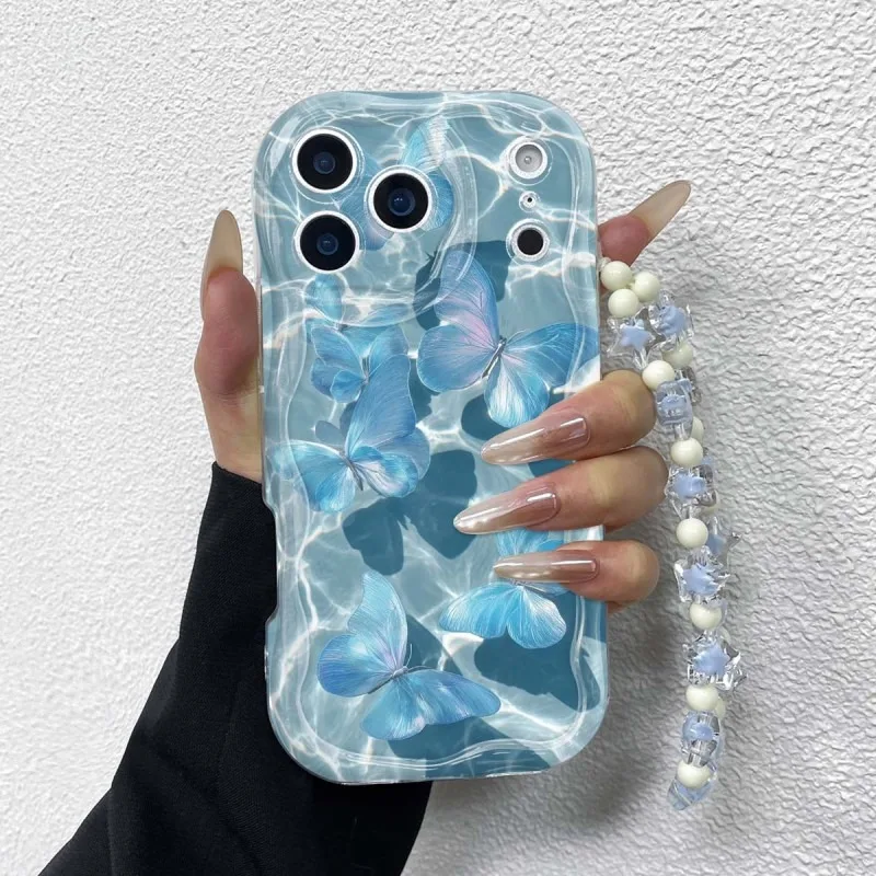 Blue Water Ripple Butterfly Pattern Phone Case For iPhone 17Pro Max 16E 16 15 14 13 12 11 Pro Max 17E Clear Soft Wavy-edge Cover