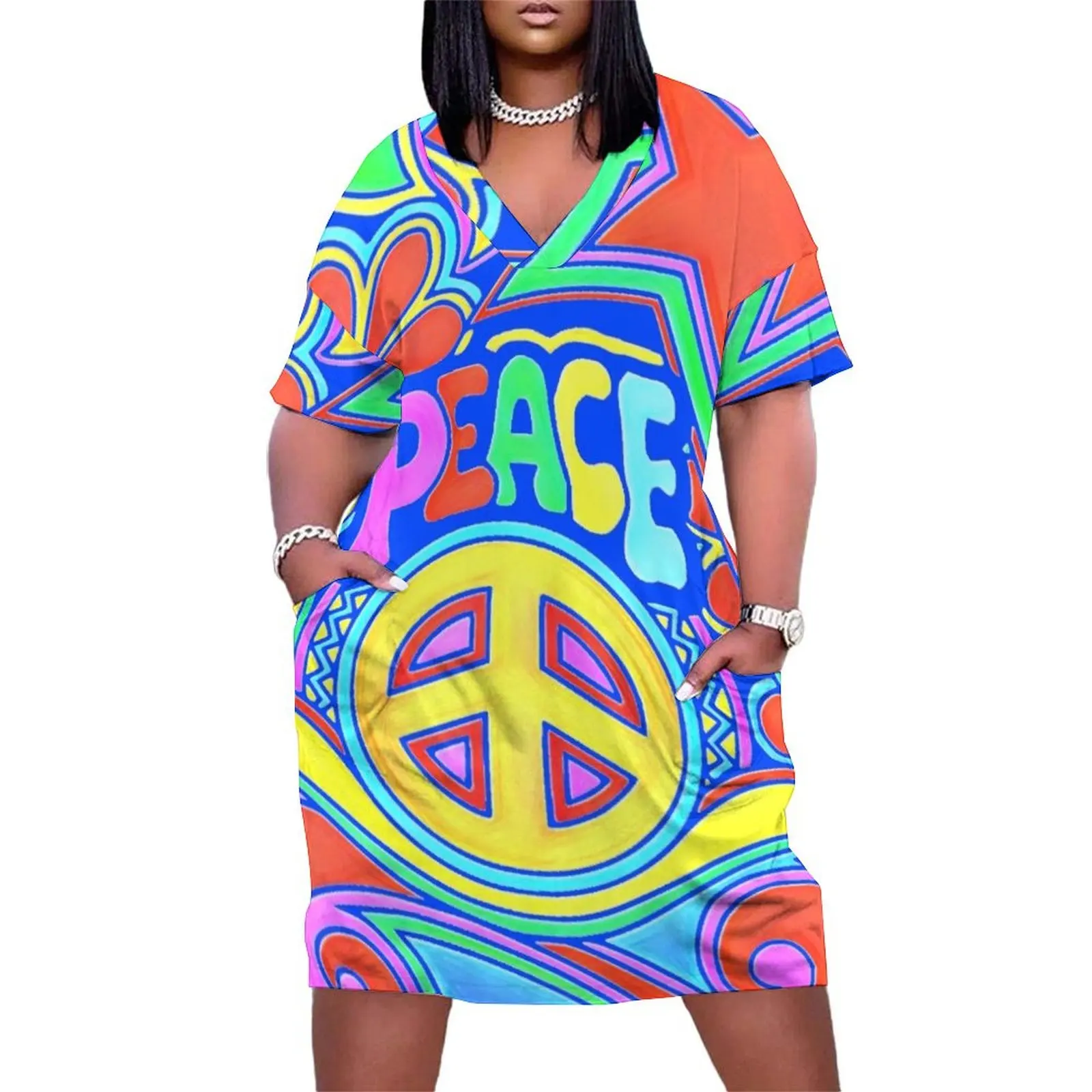 Peace and love Flower Power Hippy Design Loose Pocket Dress women