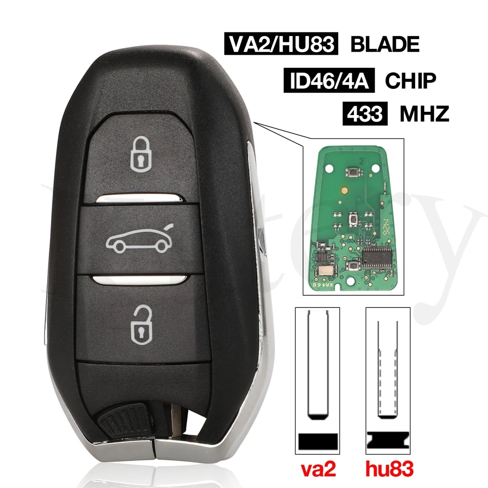 

Kutery Smart Keyless Go дистанционный ключ 3 кнопки 433 МГц 4A PCF7945 ID46 чип для Peugeot 308 408 508 5008 Аварийный ключ HU83/VA2