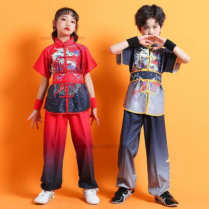 2023 Chinese Children Tai Chi Wushu Clothing Dragon Print Martial Arts Suit Kung Fu Uniform Wing Chun Shaolin Chinese Kungfu Set