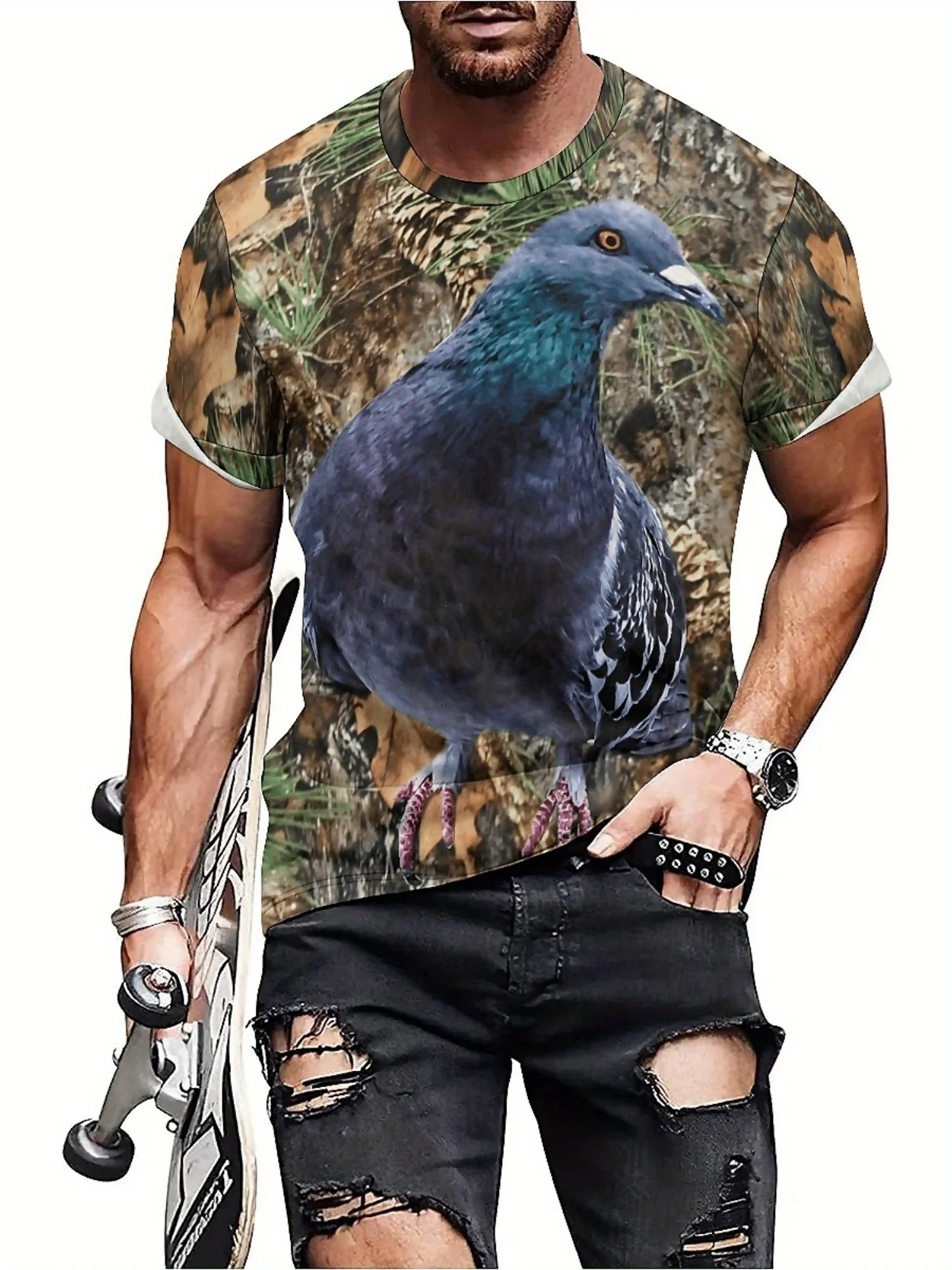 T-shirt da uomo a maniche corte con stampa 3D Camo Pigeon - Poliestere traspirante ad asciugatura rapida per sport all'aria aperta, escursionismo e viaggi