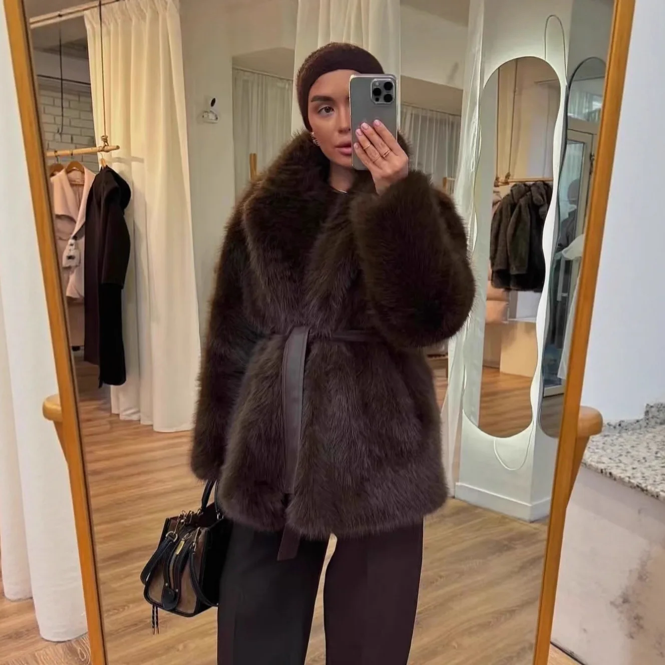 

Faux Fur Coat Women Winter Warm Thick Plush Overcoat Belted Elegant Fashion Outerwear Fox Fur Look