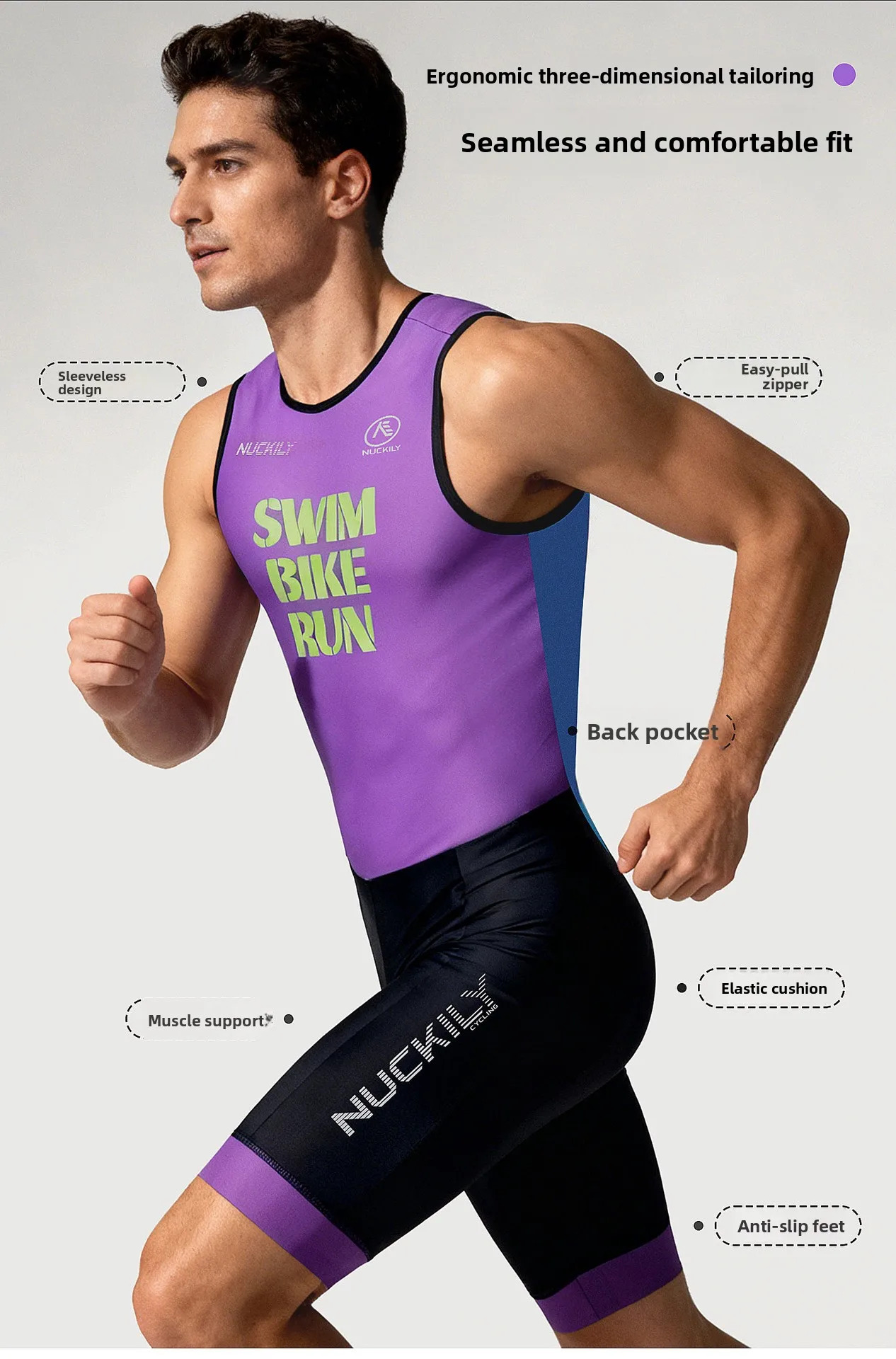 NUCKILY Herren ärmelloser Triathlon-Anzug, einteiliger Trisuit, schnell trocknender Skinsuit für Schwimmen, Radfahren, Laufen, Rennen, mit Polster und Rückentasche – Detail 9