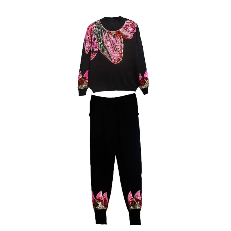 High Quality Autumn Women Two-piece Sets Embroidery Sequins Loose Sweater Knitted Pullovers Top + Casual Sports Pants Suits