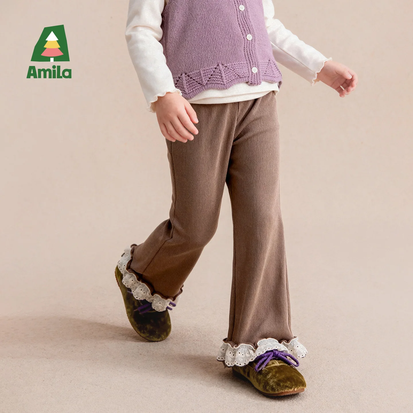 Amila 2026 Autumn New Kids Leggings Flared Pants Hem Patchwork Lace Versatile Fashion Comfortable Daily Long Pants