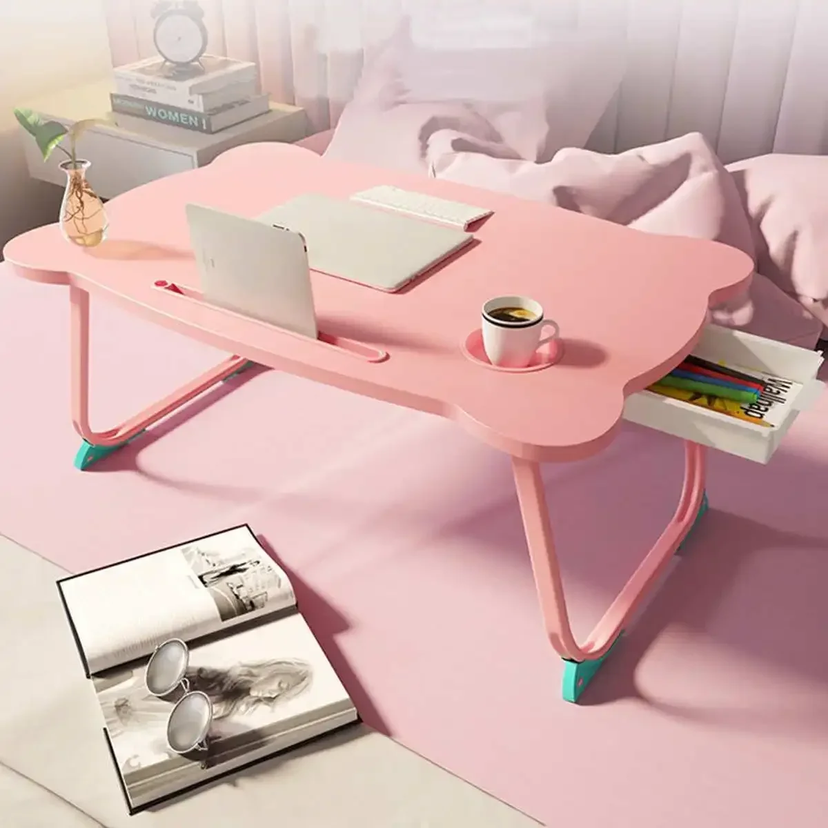 

Pink Portable Folding Laptop Stand Holder Study Table Desk Wooden Foldable Computer Desk for Bed Sofa Tea Serving Table