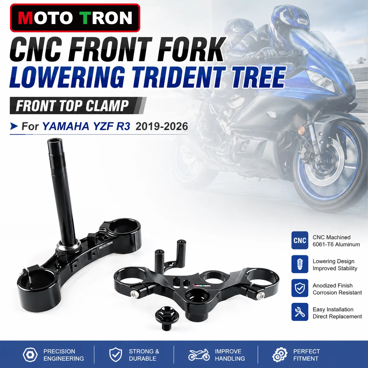 MOTO-TRON Motorcycle CNC Front Fork Lowering Trident Tree Front Top Clamp For Yamaha YZF R3 2019-2026