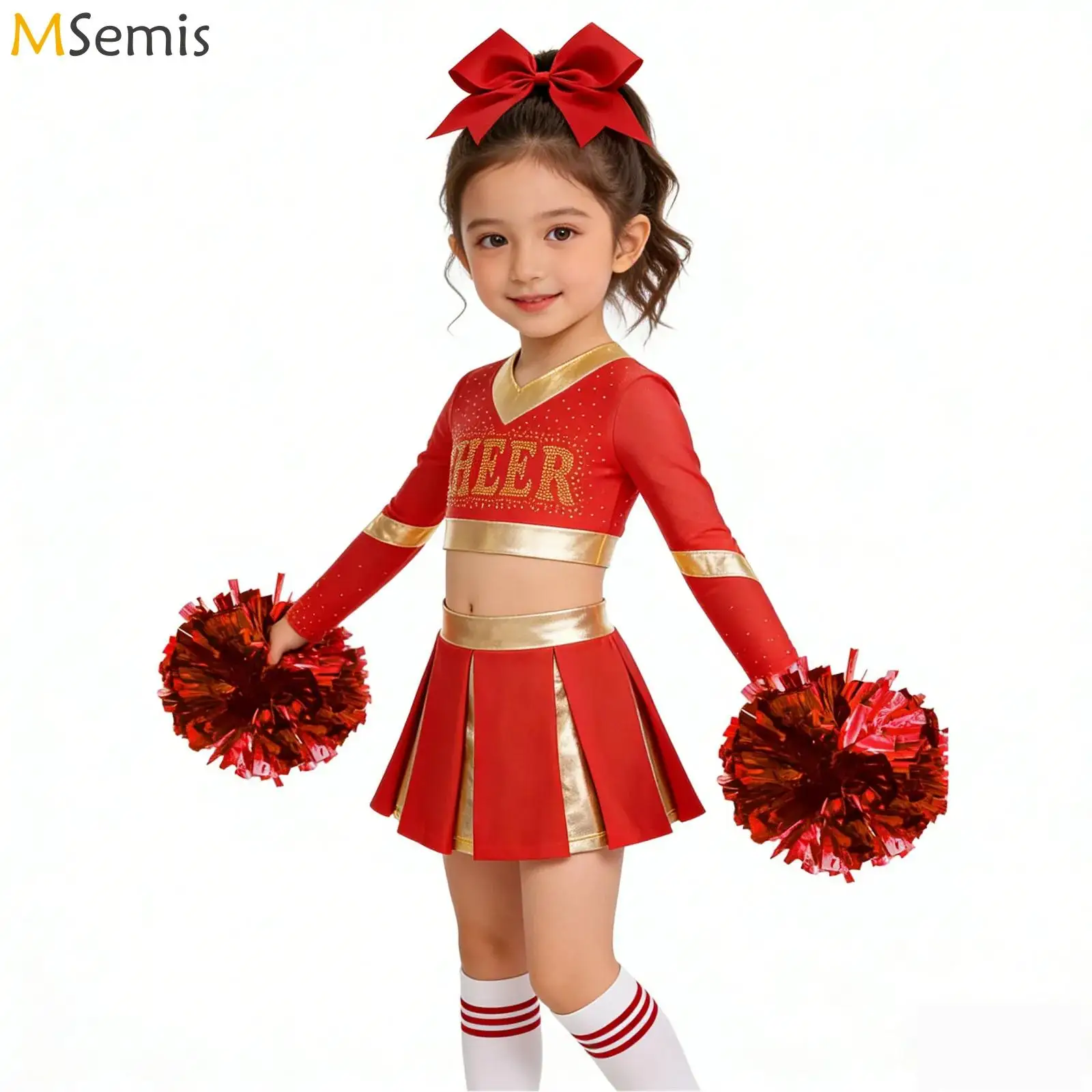 

Детский комплект для черлидинга для девочек: костюм черлидерши, укороченный топ с длинными рукавами и плиссированная юбка, наряды для современных танцев и выступлений