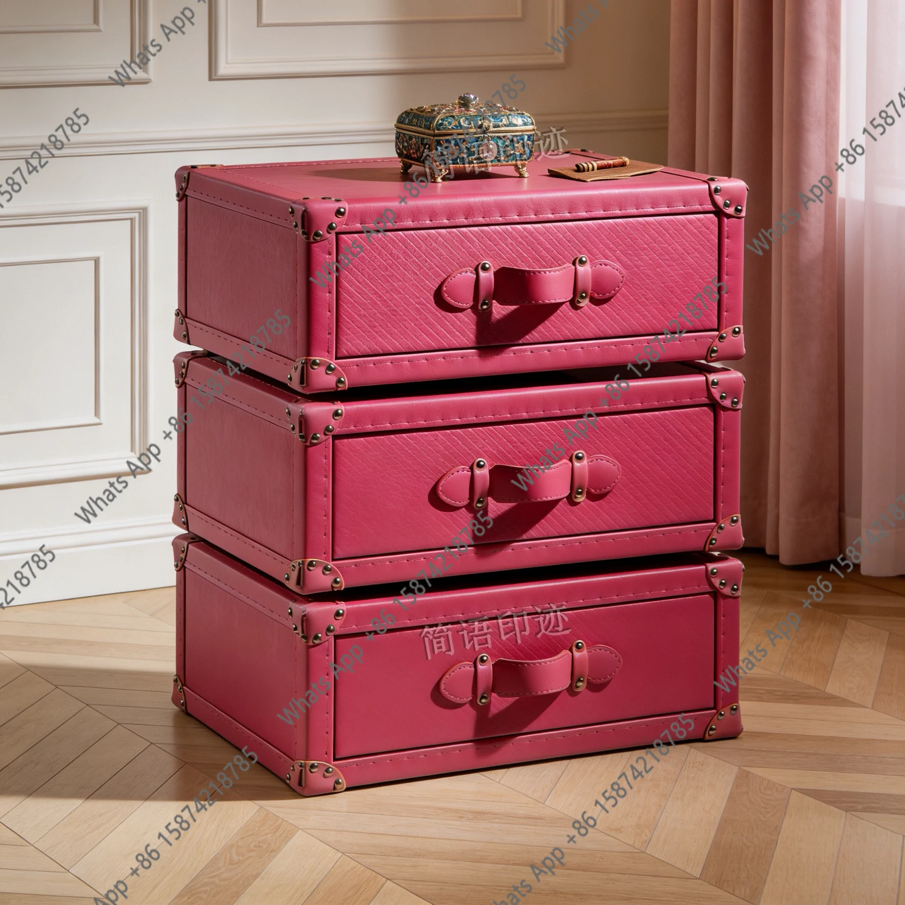 Retro rotatable leather case, bedside table, antique style old three-bucket storage cabinet, bedroom bedside light luxury storag