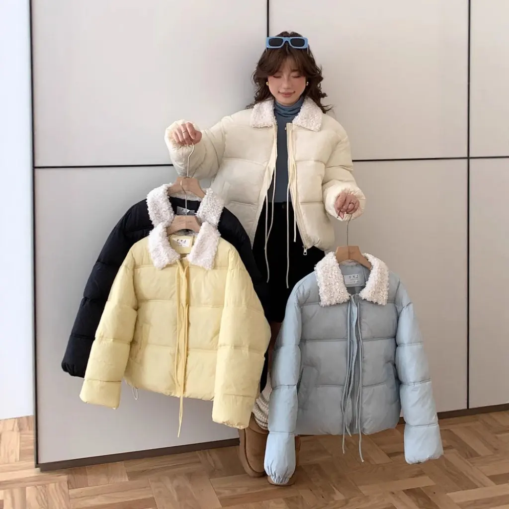 

Lamb Fur Collar Down Cotton Jacket Women's Thickened Fashionable Versatile Belted Student Cotton Coat Outerwear For Winter