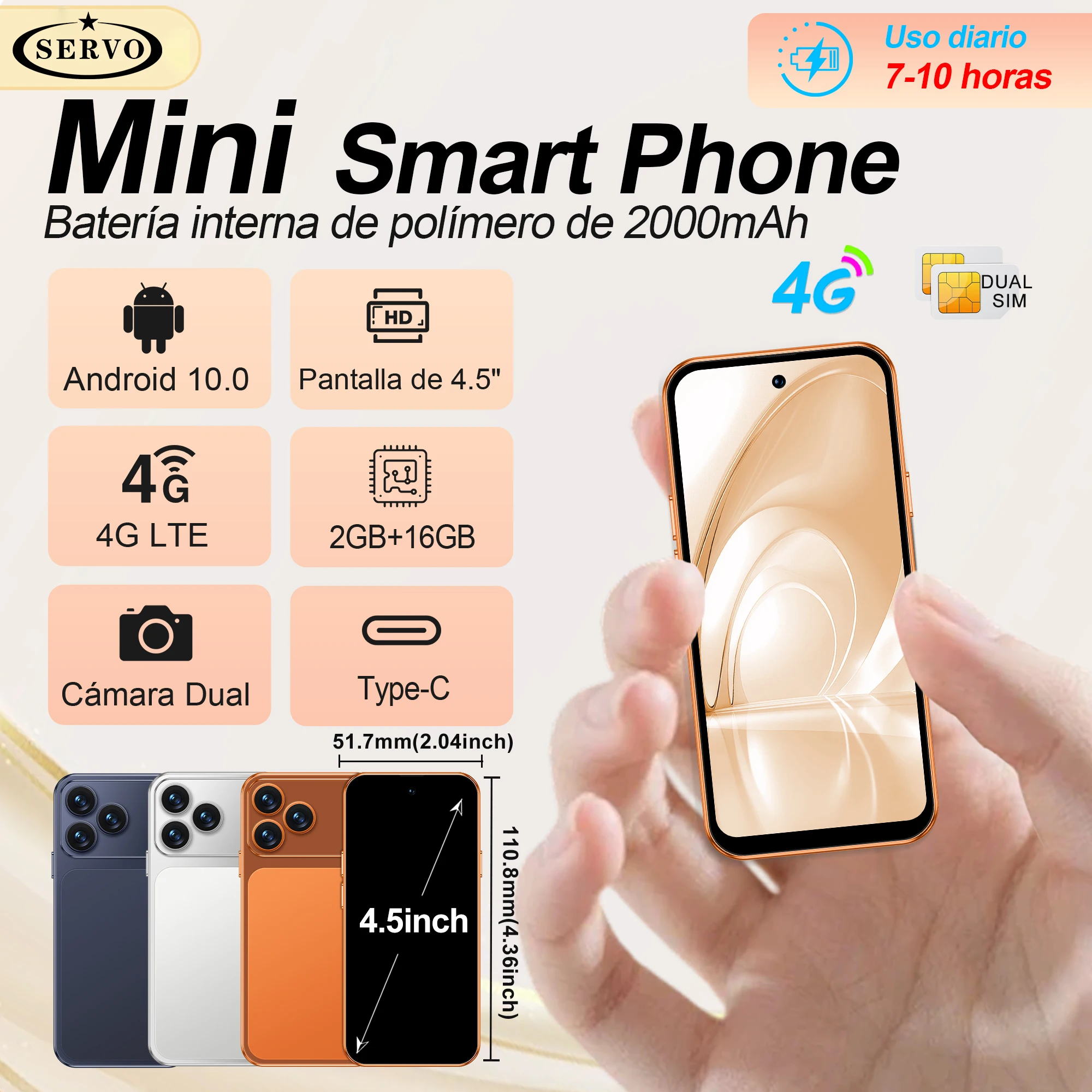 SERVO Mini Smartphone Android 10.0 4G LTE RAM 2GB+ROM 16GB Pantalla de 4.5" Google Play Doble SIM GPS WIFI Teléfonos móviles pequeños