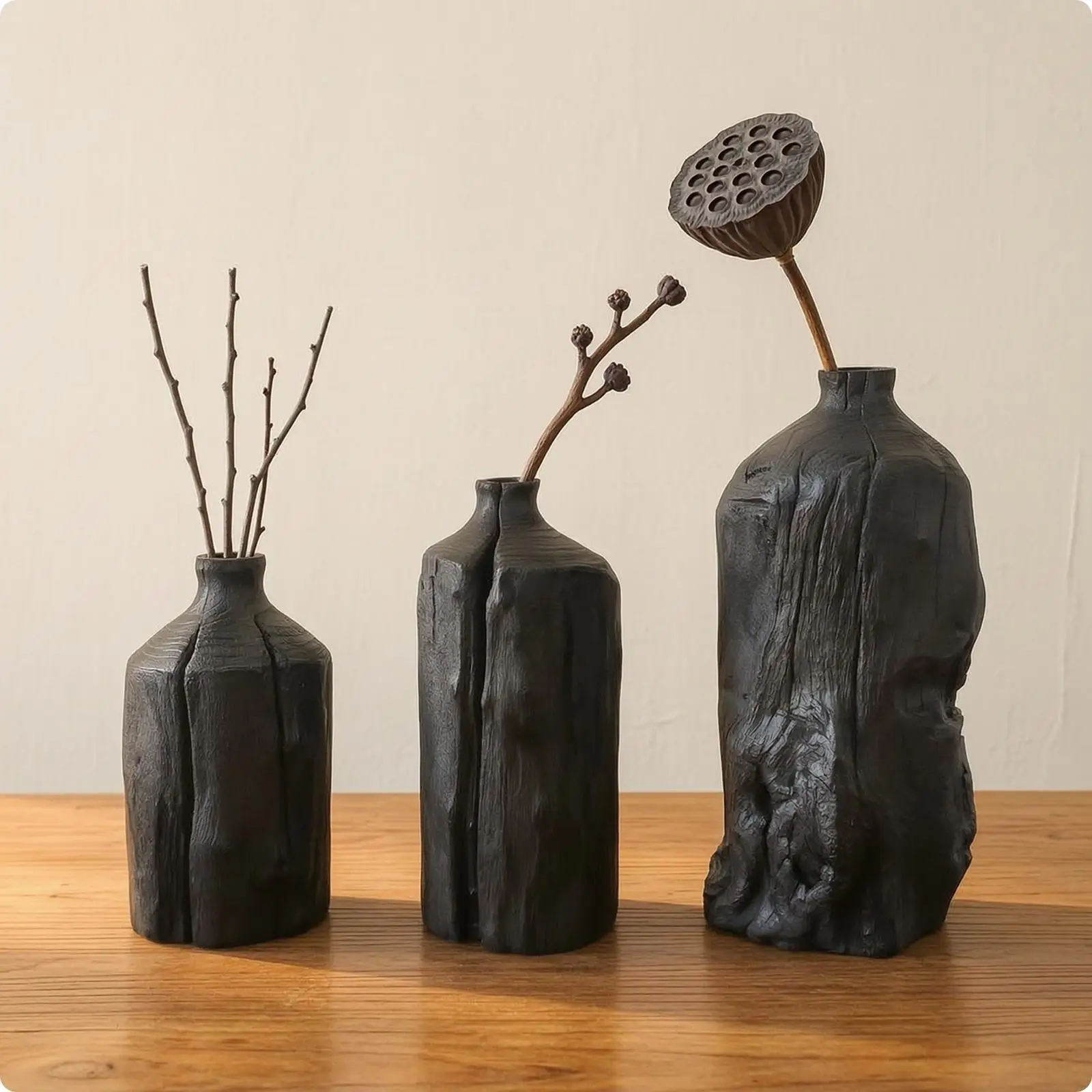 Decorative Vase Set with Carved Texture Rustic Wood Mini Vases for Aesthetic Home Decoration