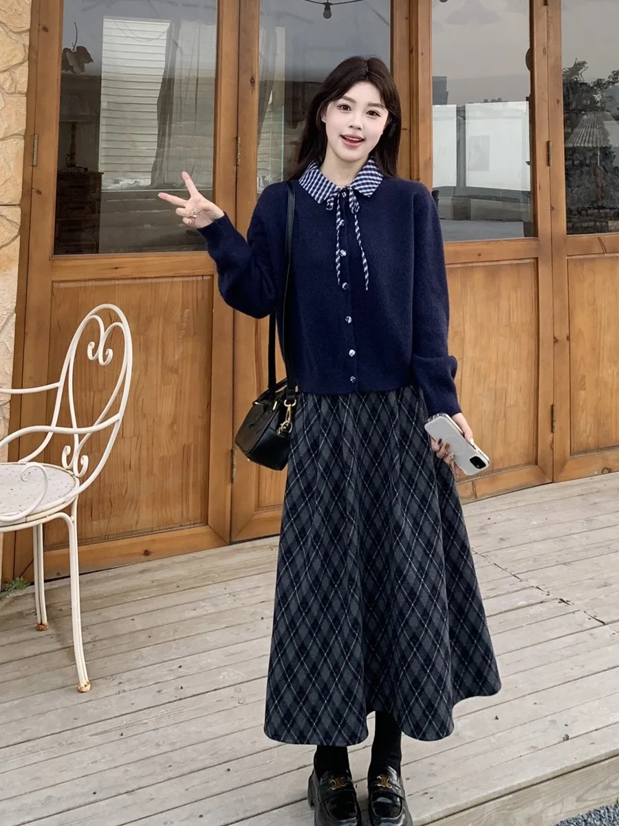 

plus Size Women's Lazy Plaid Ne Sweater High Waist A-Line Skirt Autumn Winter Faion Set Thiened Knitted Fabric