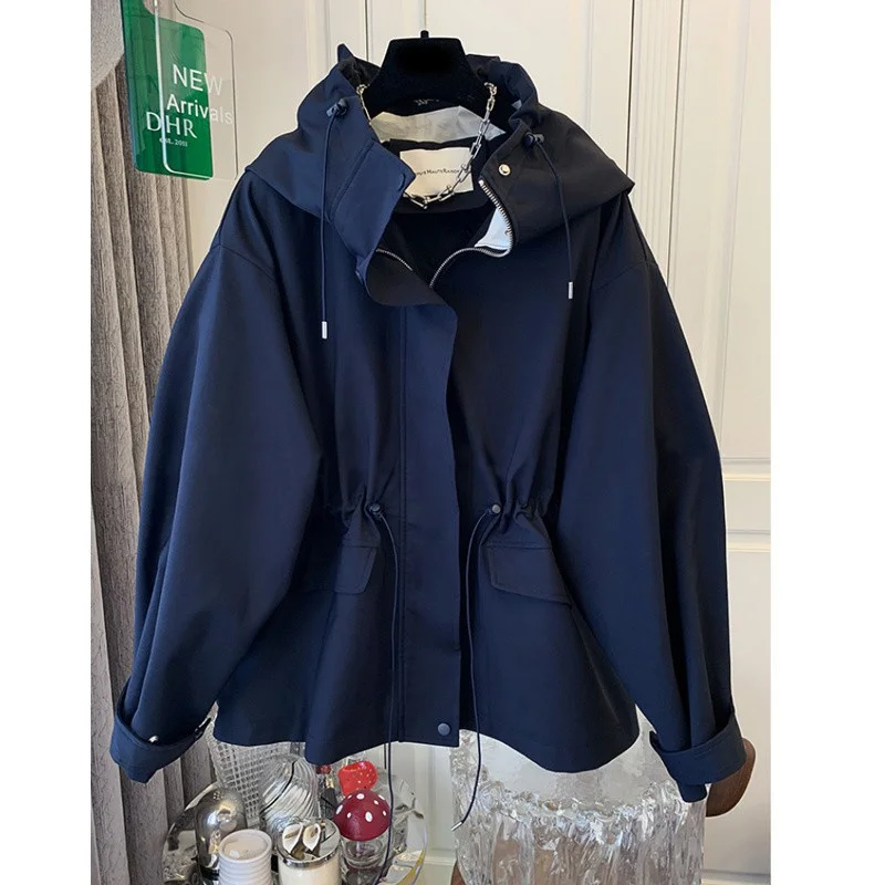 

Весна-Осень 2024, корейский дизайн, ниша, свободная повседневная ветровка с капюшоном и шнурком на талии, женское длинное пальто, женский топ