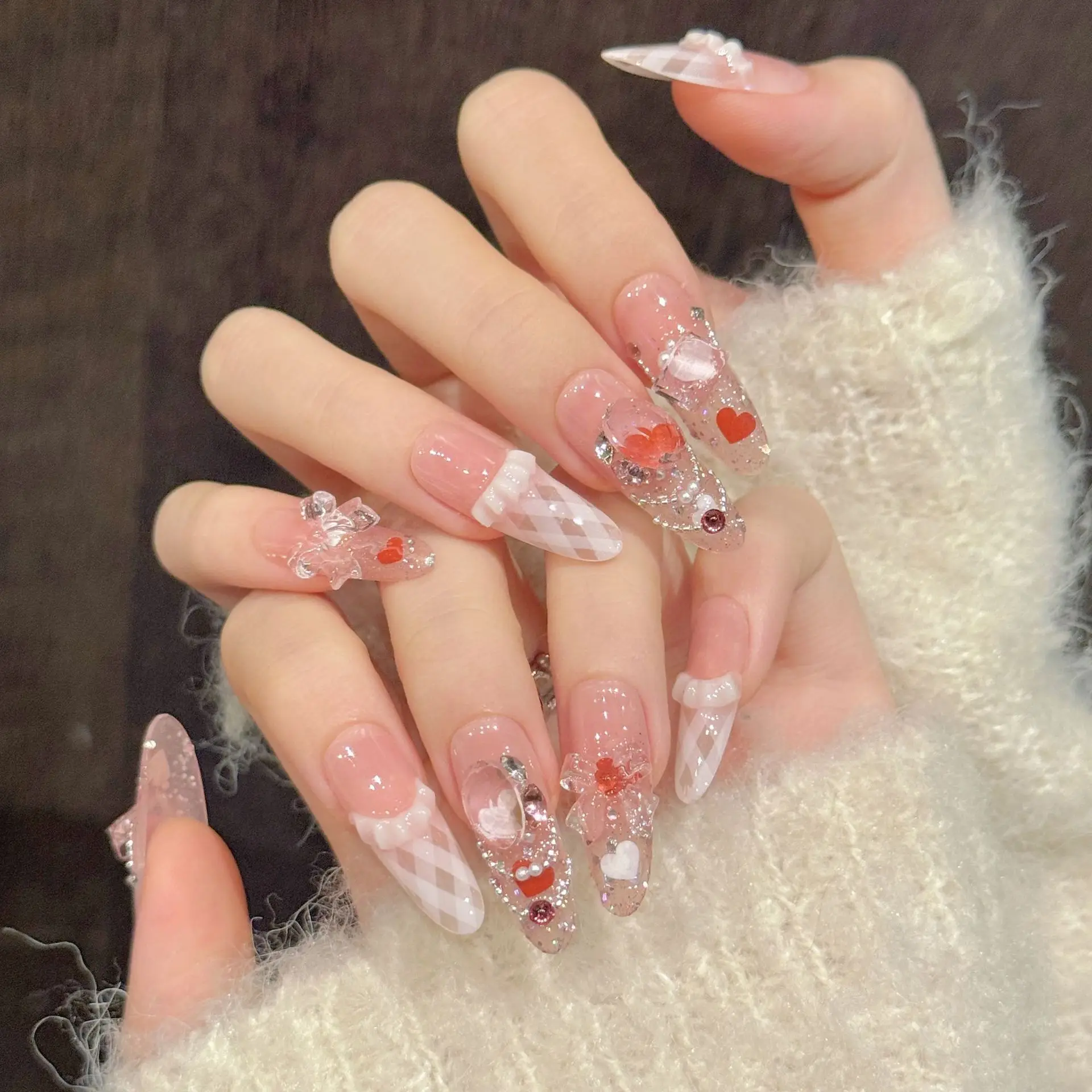 24 stuks glitter paars handgemaakte kunstnagels kunst strass ontwerp ovale nep nagel cat's eye tips druk op nagels draagbare manicure