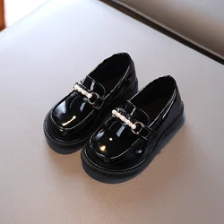 Children's Leather Shoes For Girls School Party Wedding Kids Black Loafers Slip-on Flats Fashion Pearls Beading Dress Shoes